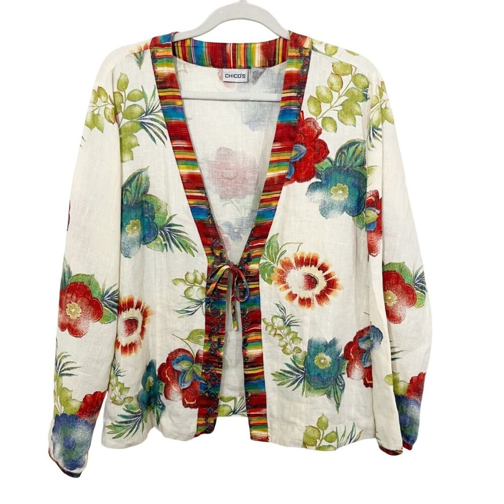Chico's Retro Floral Linen Tie Front Jacket Artsy Lagenlook Boho - Size 2, Large